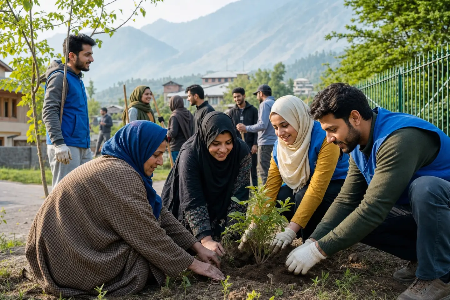 Care World volunteers planting with local community members