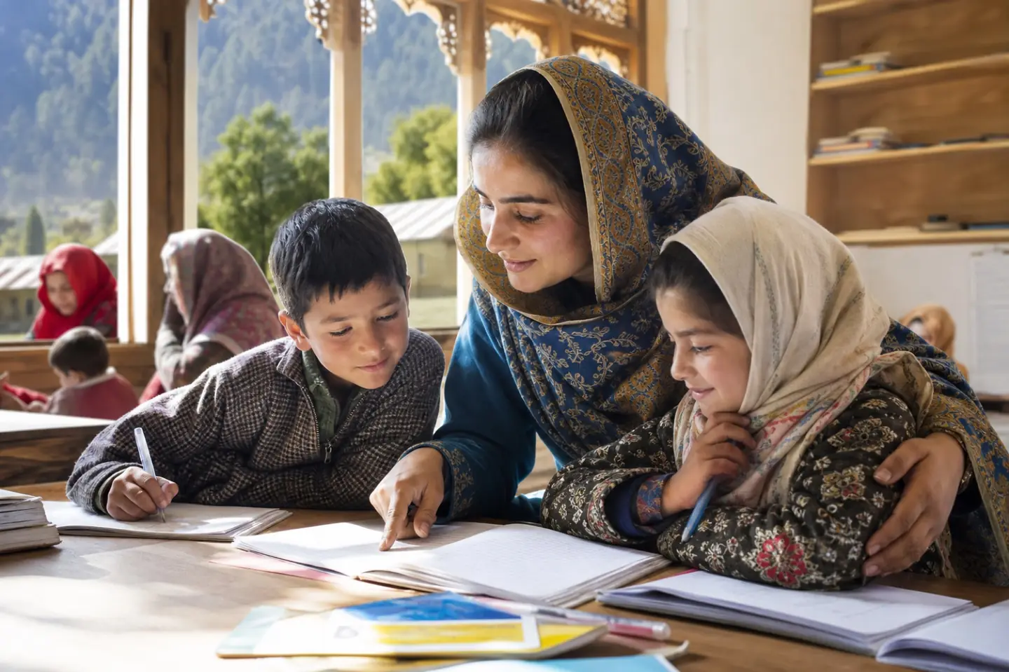 Care World mentor helping two children with their schoolwork