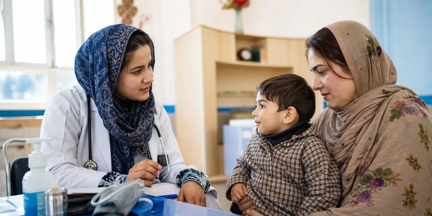 Care World health worker speaking with a mother and child